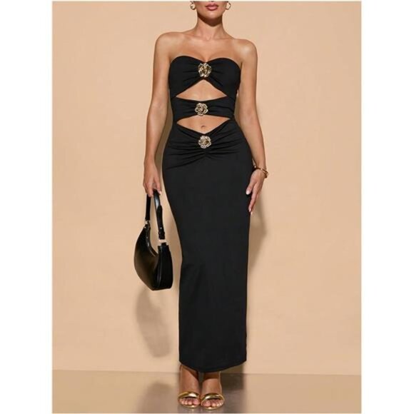 Women's Metal Flower Cut Out Strapless Tube Top Dress Sleeveless - Picture 3 of 6